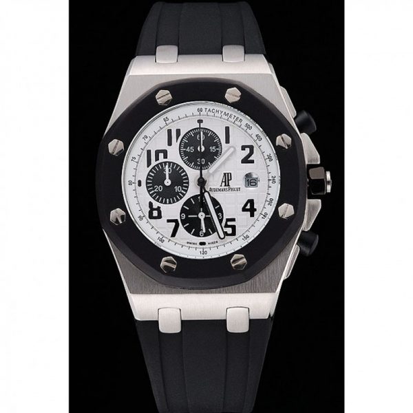 silver case black strap ap watch