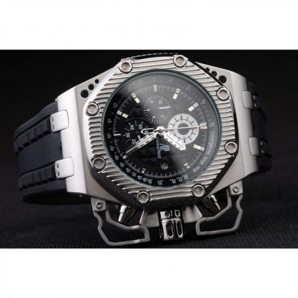 black dial silver case ap chronograph